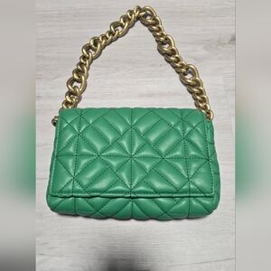 Zara Green Quilted Shoulder Bag with Gold Chain
